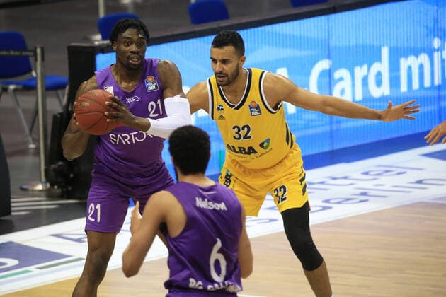 DEU, GER, 1 BBL, ALBA vs BG Goettingen, 14 03 2021, Mercedes Benz Arena, Berlin, DEU, GER, 1 BBL, ALBA vs BG Goettingen, in picture Johannes Thiemann ALBA Berlin 32 , Tai Odiase Goettingen 21 nordphotoxGmbHx xEngler nph00076