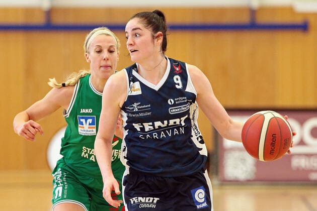 14 03 2021, xovx, Basketball Damen 1 Bundesliga, BC Pharmaserv Marburg XCYDE Angels Nördlingen v l Marie Bertholdt BC Pharmaserv Marburg , Julia Köppl XCYDE Angels Nördlingen Marburg Sporthalle Georg Gaßmann Stadion Hessen Deutschland DE