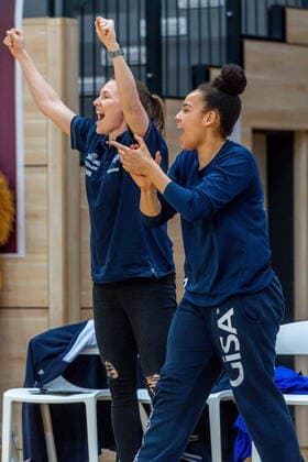 Cheers of the Lions after the victory Here Rachael Vanderwal Co Trainer, GISA Lions SV Halle and Candice White 01, GISA Lions SV Halle GISA Lions SV Halle vs GiroLive Panthers Osnabrück Basketball 1 Bundesliga ERDGAS Sportarena Halle Saale 14 03 2021 Photo Holger John Sachsen Anhalt Germany ERDGAS Sportarena Halle Saale