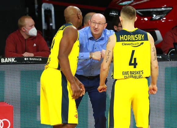 Coach Mladen DrijenÄiÄ‡, 23 Rickey Paulding, 4 Keith Hornsby Oldenburg Basketball, 1 Bundesliga, BBL, FC Bayern Munich vs EWE Baskets Oldenburg at Audi Dome, 14 03 2021 PHOTO Mladen Lackovic LakoPress.