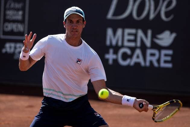 Argentine tennis player Facundo Bagnis in action against Chilean Cristian Garin, during the final of the ATP, Tennis Herren 250 Chile Open played in Santiago, Chile, 14 March 2021. Final of the ATP 250 Chile Open !ACHTUNG: NUR REDAKTIONELLE NUTZUNG!  Copyright: xAlbertoxValdesx AME2650 20210314-637513576281512082
