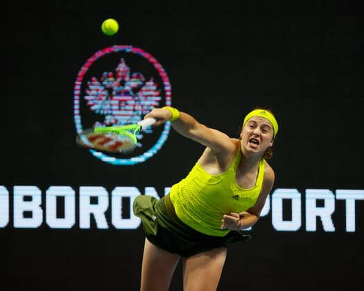 Saint Petersburg, Russia - 15 March 2021: Tennis, Jelena Ostapenko of Latvia plays during a match against Paula Badosa (not seen) of Spain at the St.Petersburg Ladies Trophy 2021 tennis tournament. Tennis player Elena Ostapenko. MaksimxKonstantinov