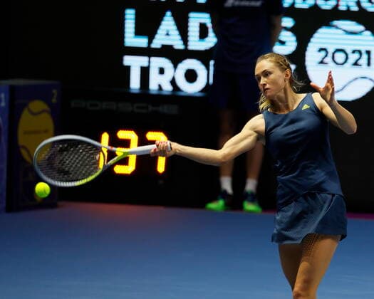Saint Petersburg, Russia - 15 March 2021: Tennis, Aleksandra Sasnovich of Belarus plays during a match against Ana Bogdan (not seen) of Romania of Belarus at the St.Petersburg Ladies Trophy 2021 tennis tournament. Player Aleksandra Sasnovich. MaksimxKonstantinov