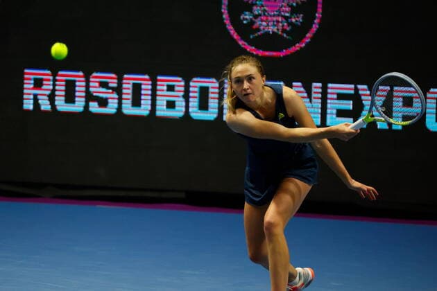 Saint Petersburg, Russia - 15 March 2021: Tennis, Aleksandra Sasnovich of Belarus plays during a match against Ana Bogdan (not seen) of Romania of Belarus at the St.Petersburg Ladies Trophy 2021 tennis tournament. Player Aleksandra Sasnovich. MaksimxKonstantinov