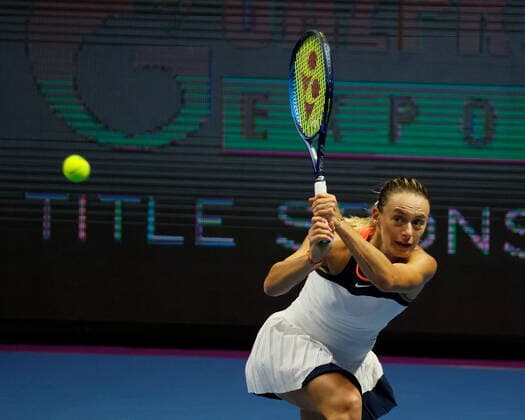 Saint Petersburg, Russia - 15 March 2021: Tennis, Ana Bogdan of Romania plays during a match against Aleksandra Sasnovich (not seen) of Belarus at the St.Petersburg Ladies Trophy 2021 tennis tournament. Player Ana Bogdan. MaksimxKonstantinov