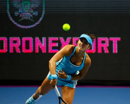Saint Petersburg, Russia - 15 March 2021: Tennis, Arina Rodionova of Australia plays during a match against Vera Zvonareva (not seen) of Russia at the St.Petersburg Ladies Trophy 2021 tennis tournament. Tennis player Vera Zvonareva. MaksimxKonstantinov
