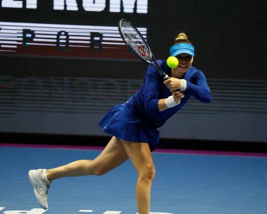 Saint Petersburg, Russia - 15 March 2021: Tennis, Arina Rodionova of Australia plays during a match against Vera Zvonareva (not seen) of Russia at the St.Petersburg Ladies Trophy 2021 tennis tournament. Tennis player Arina Rodionova. MaksimxKonstantinov