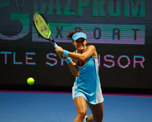 Saint Petersburg, Russia - 15 March 2021: Tennis, Arina Rodionova of Australia plays during a match against Vera Zvonareva (not seen) of Russia at the St.Petersburg Ladies Trophy 2021 tennis tournament. Tennis player Vera Zvonareva. MaksimxKonstantinov