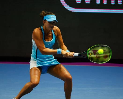Saint Petersburg, Russia - 15 March 2021: Tennis, Arina Rodionova of Australia plays during a match against Vera Zvonareva (not seen) of Russia at the St.Petersburg Ladies Trophy 2021 tennis tournament. Tennis player Vera Zvonareva. MaksimxKonstantinov