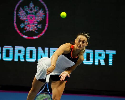 Saint Petersburg, Russia - 15 March 2021: Tennis, Ana Bogdan of Romania plays during a match against Aleksandra Sasnovich (not seen) of Belarus at the St.Petersburg Ladies Trophy 2021 tennis tournament. Player Ana Bogdan. MaksimxKonstantinov