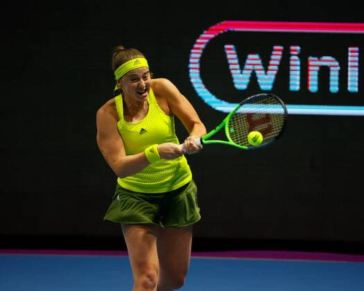 Saint Petersburg, Russia - 15 March 2021: Tennis, Jelena Ostapenko of Latvia plays during a match against Paula Badosa (not seen) of Spain at the St.Petersburg Ladies Trophy 2021 tennis tournament. Tennis player Elena Ostapenko. MaksimxKonstantinov