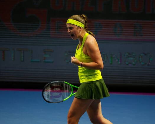 Saint Petersburg, Russia - 15 March 2021: Tennis, Jelena Ostapenko of Latvia plays during a match against Paula Badosa (not seen) of Spain at the St.Petersburg Ladies Trophy 2021 tennis tournament. Tennis player Elena Ostapenko. MaksimxKonstantinov