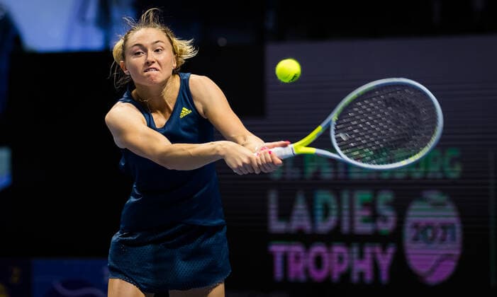 March 15, 2021, ST PETERSBURG, RUSSIA: Aliaksandra Sasnovich of Belarus in action during the first round of the 2021 St. Petersburg Ladies Trophy WTA, Tennis Damen 1000 tournament against Ana Bogdan of Romania ST PETERSBURG RUSSIA - ZUMAa181 20210315_zaa_a181_006 Copyright: xRobxPrangex