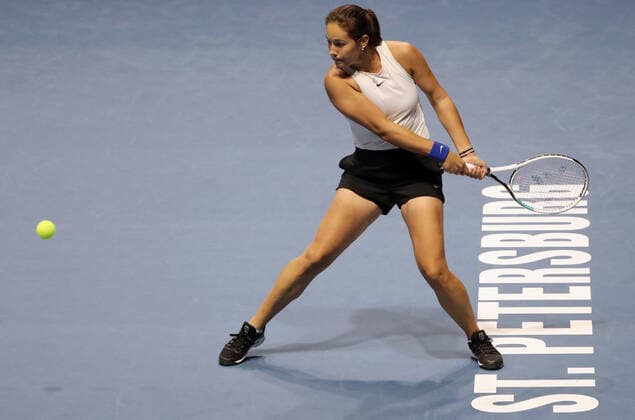 ST PETERSBURG, RUSSIA â€“ MARCH 16, 2019: Russiaâ€™s Daria Kasatkina returns a shot in a 2021 WTA, Tennis Damen Premier St Petersburg Ladies Trophy Round 1 singles match against Denmarkâ€™s Tauson at Sibur Arena. Peter Kovalev TASS  TS0F9894
