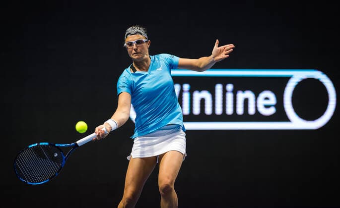 March 16, 2021, ST PETERSBURG, RUSSIA: Kirsten Flipkens of Belgium in action during the first round of the 2021 St. Petersburg Ladies Trophy WTA, Tennis Damen 1000 tournament against Katerina Siniakova of the Czech Republic ST PETERSBURG RUSSIA - ZUMAa181 20210316_zaa_a181_079 Copyright: xRobxPrangex