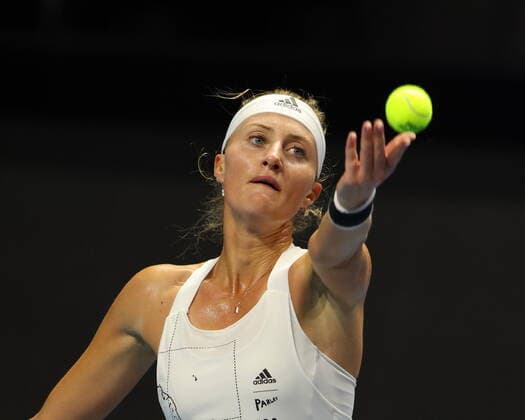 Saint Petersburg, Russia - 16 March 2021: Tennis, Kristina Mladenovic of France seen in action during a match against Margarita Gasparyan of Russia at the St.Petersburg Ladies Trophy 2021 tennis tournament. MaksimxKonstantinov