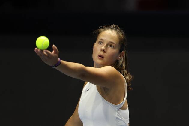 Saint Petersburg, Russia - 16 March 2021: Tennis Daria Kasatkina of Russia seen in action during a match against Clara Tauson of Denmark at the St.Petersburg Ladies Trophy 2021 tennis tournament at Sibur Arena. Final score: (Daria Kasatkina 2 - 0 Clara Tauson) MaksimxKonstantinov
