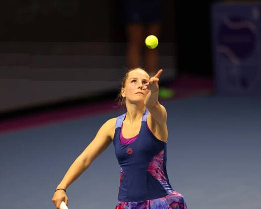 Saint Petersburg, Russia - 16 March 2021: Tennis. Daria Mishina of Russia seen in action during a match against Kamilla Rakhimova of Russia at the St.Petersburg Ladies Trophy 2021 tennis tournament at Sibur Arena. Final score: (Kamilla Rakhimova 2 - 1 Daria Mishina) MaksimxKonstantinov