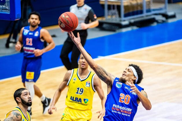 Deron Washinton 20 Syntainics MBC during the match 2020 2021 mens EasyCredit Bundesliga season between Syntainics MBC and Alba Berlin at Stadthalle Weissenfels on 16 March 2021 in Weissenfels, Saxony Anhalt, Germany
