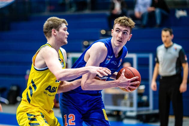 Philipp Hartwich 12 Syntainics MBC , Ben Lammers 50 Alba Berlin during the match Season 2020 2021 Men in the EasyCredit Bundesliga between Syntainics MBC and Alba Berlin at Stadthalle Weissenfels on 16 March 2021 in Weissenfels, Sachsen Anhalt, Germany