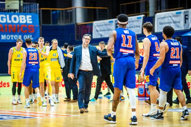 Coach Silvano Poropat Syntainics MBC after the match during the 2020 2021 mens EasyCredit Bundesliga season between Syntainics MBC and Alba Berlin at Stadthalle Weissenfels on 16 March 2021 in Weissenfels, Saxony Anhalt, Germany