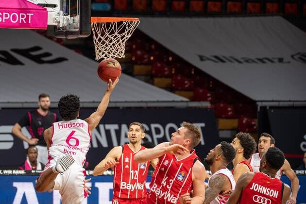 Jalen Hudson 6 Telekom Baskets Bonn , Diego Flaccadori 12 FC Bayern , Leon Radosevic 43 FC Bayern , FC Bayern Basketball vs Telekom Baskets Bonn, BBL, 16 03 2021 Muenchen Bayern Germany Copyright: xkolbert-press UlrichxGamelx