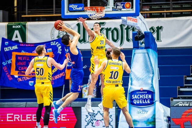 Simone Fontecchio 20 Alba Berlin and Aleksandar Marelja 17 Syntainics MBC on the ball during the match Season 2020 2021 Men in the EasyCredit Bundesliga between Syntainics MBC and Alba Berlin at Stadthalle Weissenfels on 16 March 2021 in Weissenfels, Sachsen Anhalt, Germany