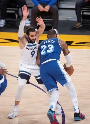 Ricky Rubio 9 of the Minnesota Timberwolves defends against LeBron James 23 of the Los Angeles Lakers during their regular season NBA, Basketball Herren, USA game with Minnesota Timberwolves at the Staples Center in Los Angeles, California, on 16 March 2021. Lakers vs Timberwolves !ACHTUNG: NUR REDAKTIONELLE NUTZUNG!  Copyright: xJAVIERxROJASx AME3418 20210317-637515546798289267
