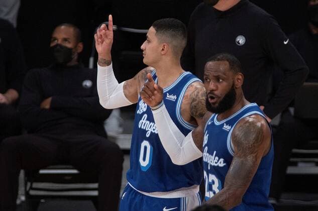 Kyle Kuzma 0 and LeBron James 23 of the Los Angeles Lakers question a call during their regular season NBA, Basketball Herren, USA game with Minnesota Timberwolves at the Staples Center in Los Angeles, California, on 16 March 2021. Lakers vs Timberwolves !ACHTUNG: NUR REDAKTIONELLE NUTZUNG!  Copyright: xJAVIERxROJASx AME3423 20210317-637515639269087130
