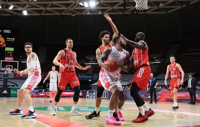 16 03 2021, FC Bayern Baskets vs Telekom Baskets Bonn, Audi Dome, Munich, in picture Isaiah Philmore telekom baskets Bonn , Paul Zipser FCB Basketball , Nick Weiler Babi FCB Basketball , James Thompson IV telekom baskets Bonn , James Gist FCB Basketball and Zan Mark Sisko FCB Basketball