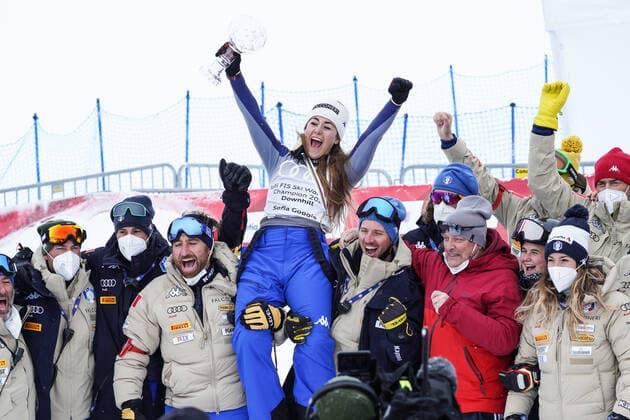 17 03 2021, Lenzerheide, Lenzerheide, Audi FIS Ski World Cup Lenzerheide Downhill Men, Sofia Goggia Italy Overall World Cup Winner Downhill 2021 with World Cup Ball Lenzerheide Lenzerheide Graubünden Switzerland  Copyright: xJustPictures.ch JarixPestelaccix