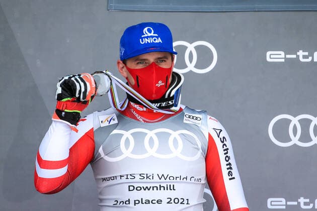 ALPINE SKIING - FIS WC Final Lenzerheide LENZERHEIDE,SWITZERLAND,17.MAR.21- ALPINE SKIING - FIS World Cup Final, award ceremony for the Downhill World Cup, men. Image shows the rejoicing of Matthias Mayer (AUT). GEPAxpictures xMarioxBuehner