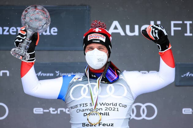 ALPINE SKIING - FIS WC Final Lenzerheide LENZERHEIDE,SWITZERLAND,17.MAR.21- ALPINE SKIING - FIS World Cup Final, award ceremony for the Downhill World Cup, men. Image shows the rejoicing of Beat Feuz (SUI). Keywords: crystal globe. GEPAxpictures xMarioxBuehner
