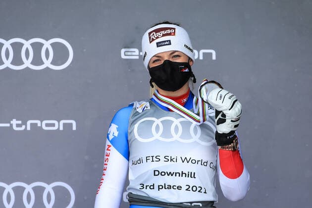 ALPINE SKIING - FIS WC Final Lenzerheide LENZERHEIDE,SWITZERLAND,17.MAR.21- ALPINE SKIING - FIS World Cup Final, award ceremony for the Downhill World Cup, ladies. Image shows the rejoicing of Lara Gut-Behrami (SUI). GEPAxpictures xMarioxBuehner
