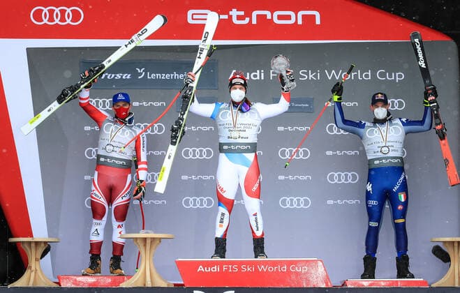 ALPINE SKIING - FIS WC Final Lenzerheide LENZERHEIDE,SWITZERLAND,17.MAR.21- ALPINE SKIING - FIS World Cup Final, award ceremony for the Downhill World Cup, men. Image shows the rejoicing of Matthias Mayer (AUT), Beat Feuz (SUI) and Dominik Paris (ITA). Keywords: crystal globe. GEPAxpictures xMarioxBuehner