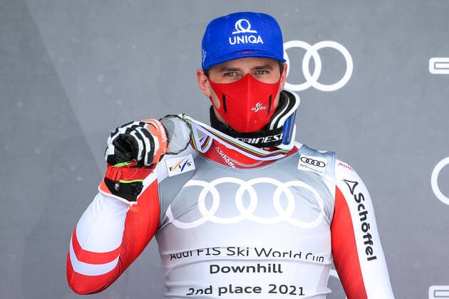 ALPINE SKIING - FIS WC Final Lenzerheide LENZERHEIDE,SWITZERLAND,17.MAR.21- ALPINE SKIING - FIS World Cup Final, award ceremony for the Downhill World Cup, men. Image shows the rejoicing of Matthias Mayer (AUT). GEPAxpictures xMarioxBuehner