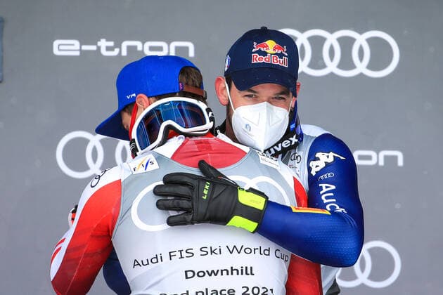 ALPINE SKIING - FIS WC Final Lenzerheide LENZERHEIDE,SWITZERLAND,17.MAR.21- ALPINE SKIING - FIS World Cup Final, award ceremony for the Downhill World Cup, men. Image shows Matthias Mayer (AUT) and Dominik Paris (ITA). GEPAxpictures xMarioxBuehner