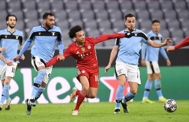 FOOTBALL CHAMPIONS LEAGUE SEASON 2020 2021 Round of 16 Second leg 17 03 2021 FC Bayern Muenchen Lazio Roma Leroy Sane centre, FC Bayern Muenchen vs Mohamed Fares left, Lazio Roma and Gonzalo Escalante right, Lazio Roma