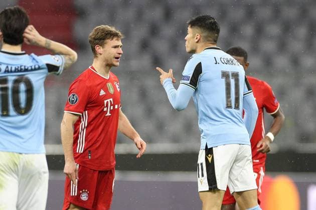l r Joshua Kimmich 6 FC Bayern Muenchen and Joaquin Correa 11 Lazio Roma scuffle, FC Bayern Muenchen vs Lazio Roma, Champions League, Round of 16, 17 03 2021 Muenchen Bayern Germany Copyright: xkolbert-press ChristianxKolbertx