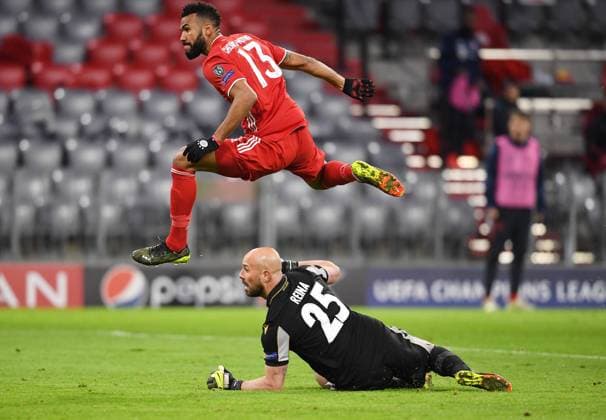 FOOTBALL CHAMPIONS LEAGUE SEASON 2020 2021 Round of 16 Second leg 17 03 2021 FC Bayern Muenchen Lazio Roma Eric Maxim Choupo Moting FC Bayern Muenchen scores the 2 0 goal against goalkeeper Pepe Reina Boden, Lazio Roma here.