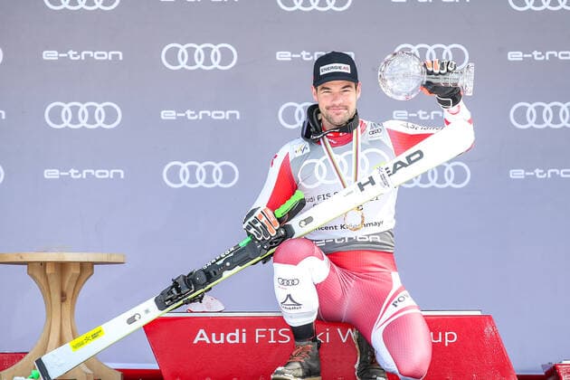 ALPINE SKIING - FIS WC Final Lenzerheide LENZERHEIDE,SWITZERLAND,18.MAR.21- ALPINE SKIING - FIS World Cup Final, award ceremony for the Super G World Cup, men. Image shows the rejoicing of Vincent Kriechmayr (AUT). keywords: crystal globe. GEPAxpictures xHaraldxSteiner
