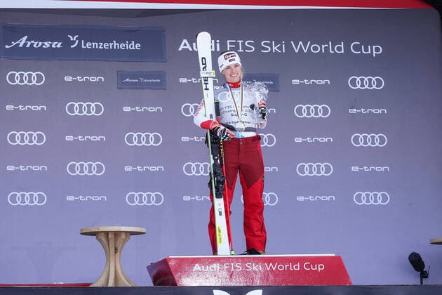 18 03 2021, Lenzerheide, Lenzerheide, Audi FIS Ski World Cup Lenzerheide Super G award ceremony, Lara Gut Behrami Switzerland wins Super G World Cup Lenzerheide Graubünden Switzerland early  Copyright: xJustPictures.ch JarixPestelaccix