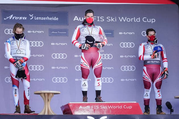 18 03 2021, Lenzerheide, Lenzerheide, Audi FIS Ski World Cup Lenzerheide Super G award ceremony, Vincent Kriechmayr Austria wins the Super G World Cup early 2 place goes to Marco Odermatt Switzerland, left and 3 place to Matthias Mayer Austria Lenzerheide Lenzerheide Graubünden Switzerland  Copyright: xJustPictures.ch JarixPestelaccix