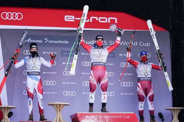 18 03 2021, Lenzerheide, Lenzerheide, Audi FIS Ski World Cup Lenzerheide Super G award ceremony, Vincent Kriechmayr Austria wins the Super G World Cup early 2 place goes to Marco Odermatt Switzerland, left and 3 place to Matthias Mayer Austria Lenzerheide Lenzerheide Graubünden Switzerland  Copyright: xJustPictures.ch JarixPestelaccix
