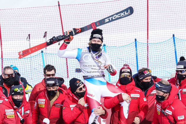 18 03 2021, Lenzerheide, Lenzerheide, Audi FIS Ski World Cup Lenzerheide Super G award ceremony, Super G World Cup 2 place goes to Marco Odermatt Switzerland Lenzerheide Lenzerheide Graubünden Switzerland  Copyright: xJustPictures.ch JarixPestelaccix