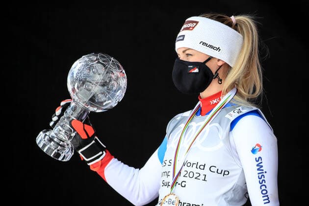 ALPINE SKIING - FIS WC Final Lenzerheide LENZERHEIDE,SWITZERLAND,18.MAR.21- ALPINE SKIING - FIS World Cup Final, award ceremony for the Super G World Cup, ladies. Image shows Lara Gut-Behrami (SUI). Keywords: crystal globe, medal. GEPAxpictures xMarioxBuehner