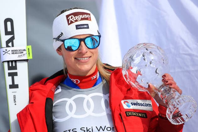 ALPINE SKIING - FIS WC Final Lenzerheide LENZERHEIDE,SWITZERLAND,18.MAR.21- ALPINE SKIING - FIS World Cup Final, award ceremony for the Super G World Cup, ladies. Image shows Lara Gut-Behrami (SUI). Keywords: crystal globe. GEPAxpictures xMarioxBuehner