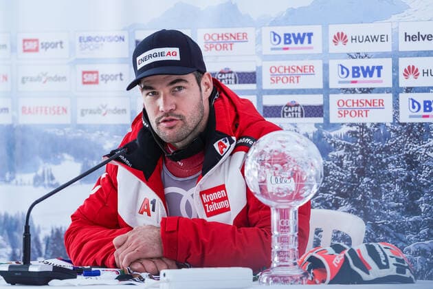 18 03 2021, Lenzerheide, Lenzerheide, Audi FIS Ski World Cup Lenzerheide Super G award ceremony, Vincent Kriechmayr Austria wins Super G World Cup Lenzerheide Lenzerheide Graubünden Switzerland ahead of schedule  Copyright: xJustPictures.ch JarixPestelaccix