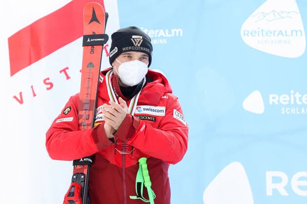 ALPINE SKIING - FIS EC Reiteralm SCHLADMING,AUSTRIA,18.MAR.21- ALPINE SKIING - FIS Europa Cup Final, award ceremony for the Giant Slalom Europa Cup, men. Image shows Semyel Bissig (SUI). GEPAxpictures xChristianxWalgram