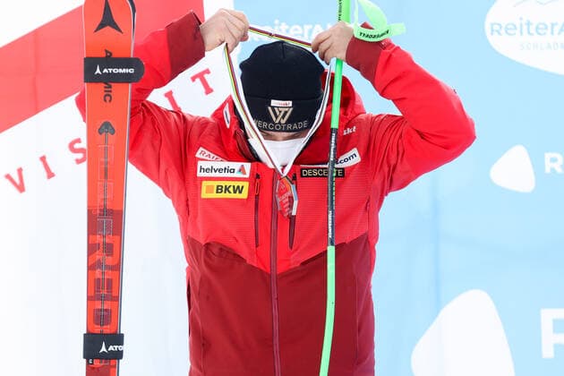 ALPINE SKIING - FIS EC Reiteralm SCHLADMING,AUSTRIA,18.MAR.21- ALPINE SKIING - FIS Europa Cup Final, award ceremony for the Giant Slalom Europa Cup, men. Image shows Semyel Bissig (SUI). Keywords: medal. GEPAxpictures xChristianxWalgram